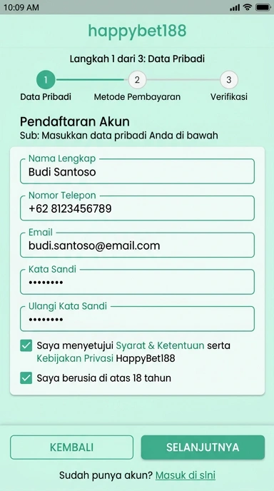 Tampilan halaman daftar happybet188